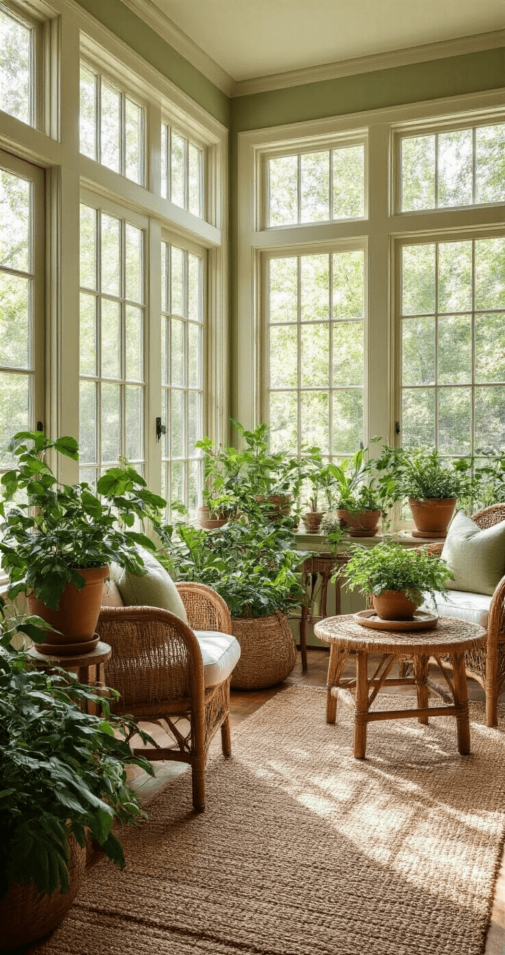 Sunroom filled with natural light, featuring vintage wooden plant stands with potted Beautyberry and native Azaleas, woven rattan furniture, a terracotta and sage green color scheme, and textured jute rugs, illuminated by soft morning light casting gentle shadows.