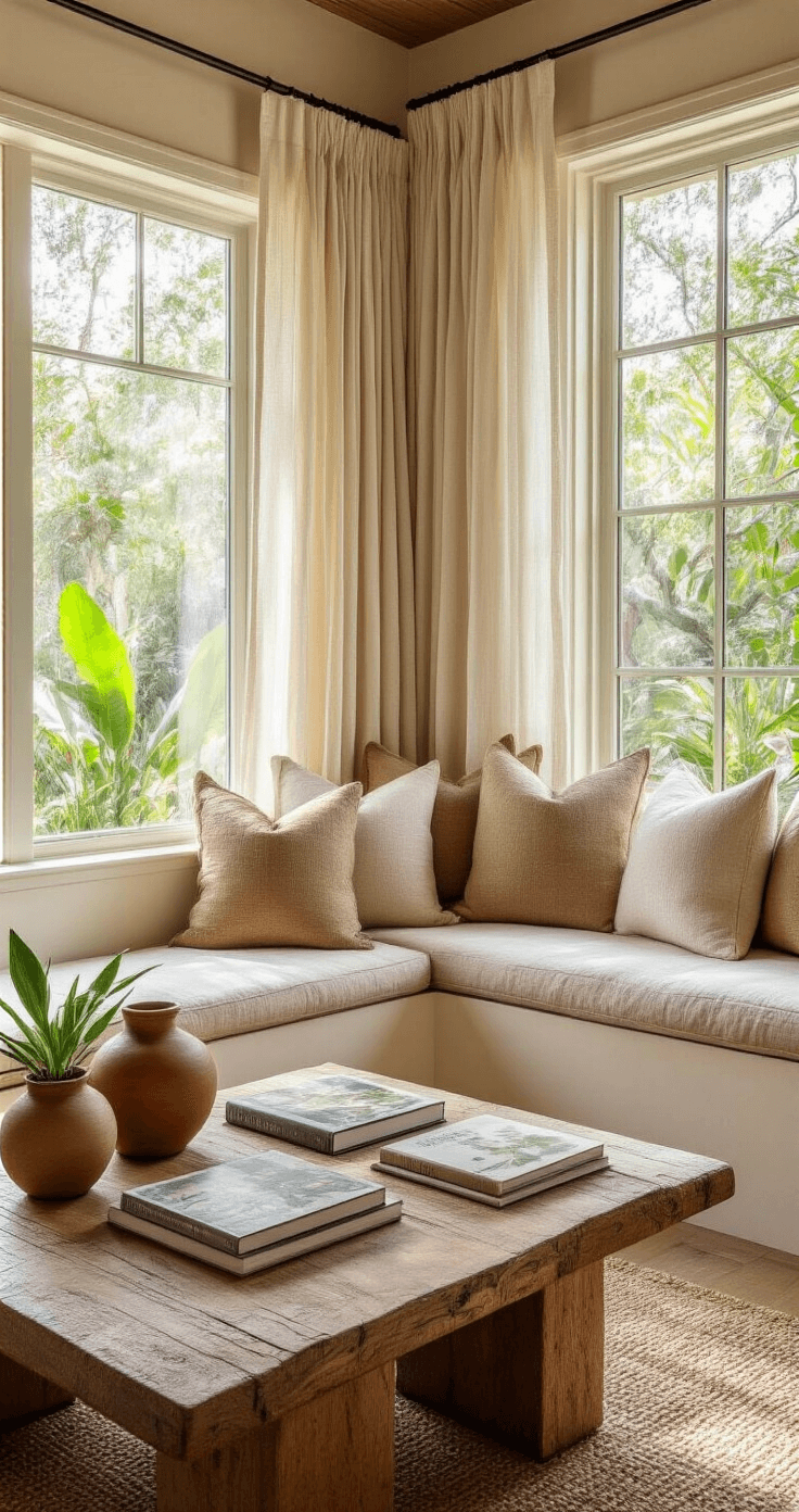 A cozy reading nook featuring a built-in window seat with linen cushions in earthy tones, surrounded by Florida native plant guides on a styled coffee table, warm clay ceramic pottery, and soft afternoon sunlight filtering through sheer curtains, highlighting rich textures and layered decor elements.