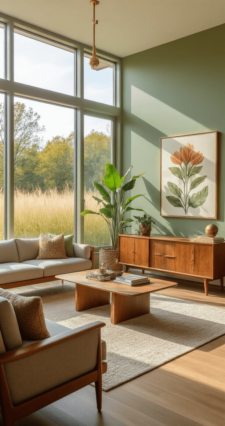 Modern living room featuring native plant-inspired decor, oversized windows with views of Muhly grass, mid-century furniture in warm wood tones, Coral Bean flower artwork, a sage green accent wall, and brass fixtures illuminated by golden hour light, captured in a wide shot from the corner.