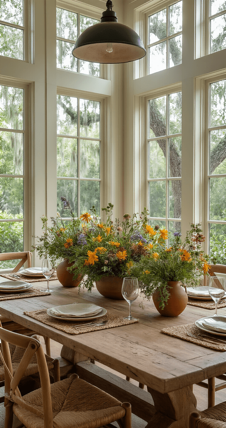 Elegant dining space featuring a reclaimed cypress wood table with native wildflower arrangements, natural fiber woven placemats, and earthy terracotta pottery, framed by large windows showcasing a mature Southern Magnolia, all bathed in soft evening light.