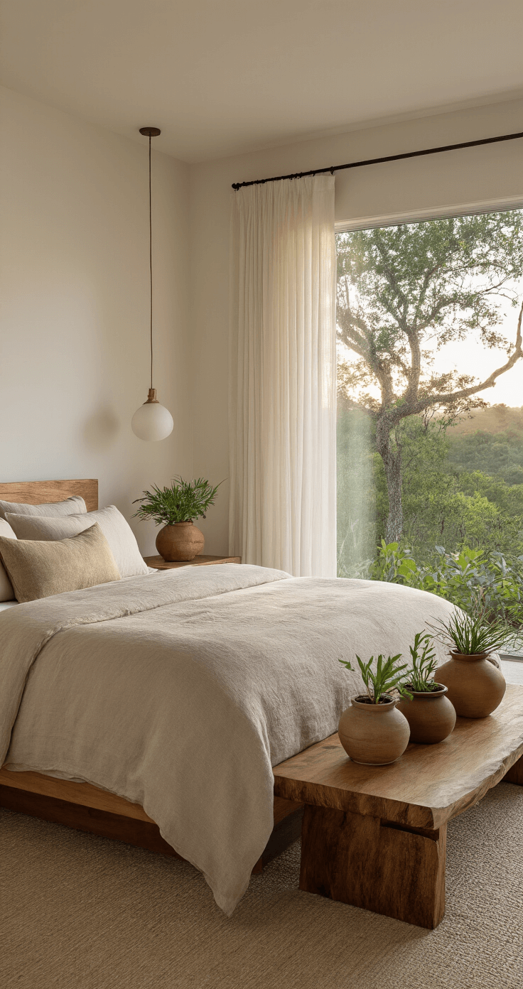 A peaceful bedroom sanctuary featuring a king bed with sandy beige linen bedding, live-edge wood nightstands, and ceramic vessels with native plant cuttings. Sheer curtains frame views of Firebush blooms outside, with dawn light enhancing the serene ambiance. The image is a medium shot taken from the foot of the bed, showcasing the tranquil styling.