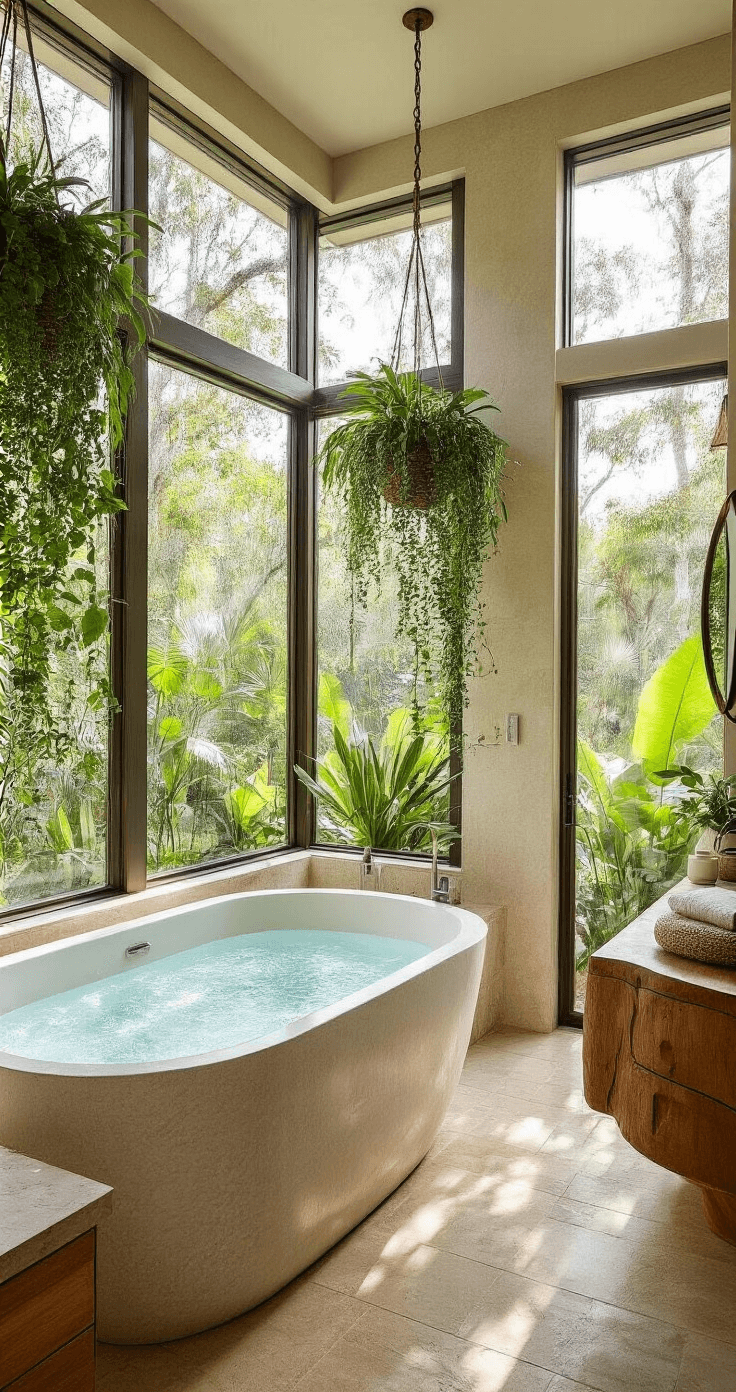 A luxurious bathroom spa retreat featuring a freestanding soaking tub beside floor-to-ceiling windows, adorned with native plants in hanging planters, natural stone accents, and a warm wood vanity with organic shapes, all bathed in soft morning light filtering through privacy glass.