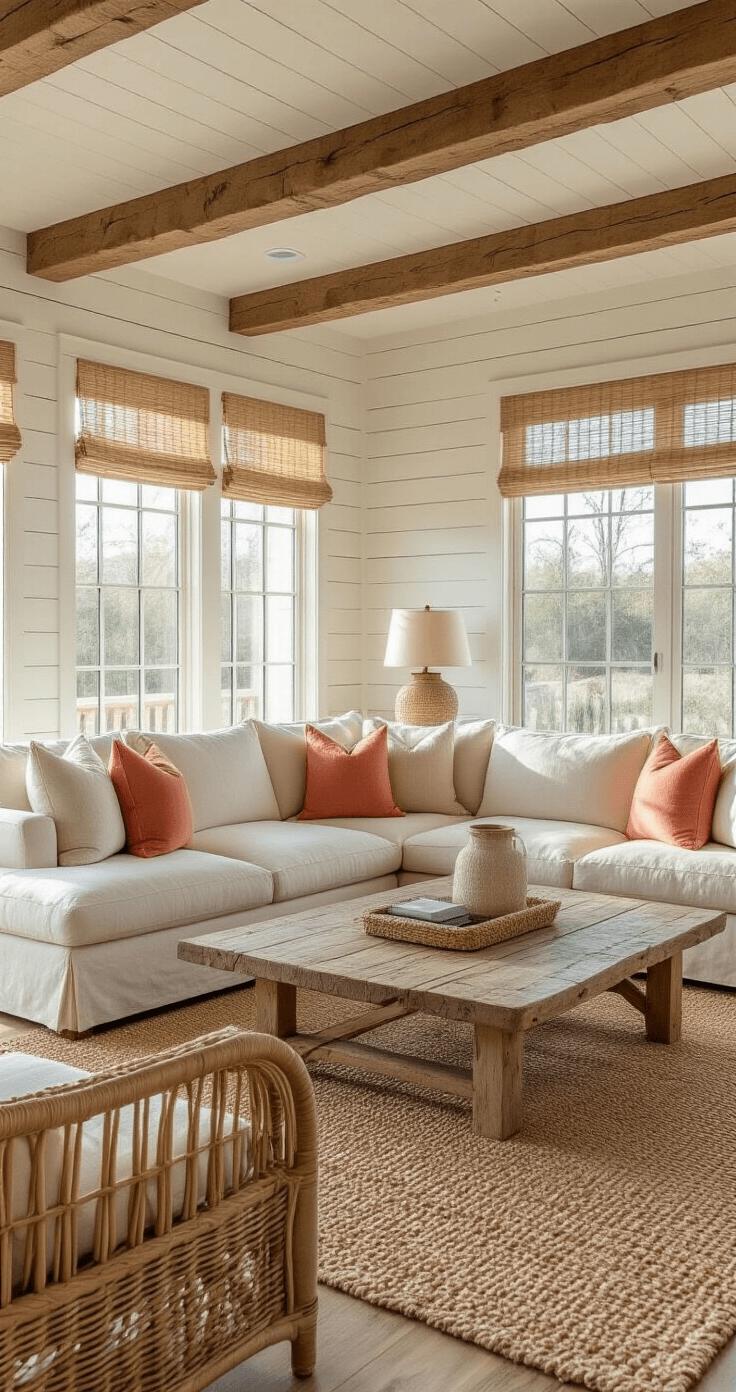 Spacious open-concept living room with white shiplap walls and exposed wooden beams, featuring a cream linen sectional sofa, rustic driftwood coffee table, sandy beige jute rug, and rattan side tables with glass lamps, illuminated by golden hour sunlight streaming through floor-to-ceiling windows.