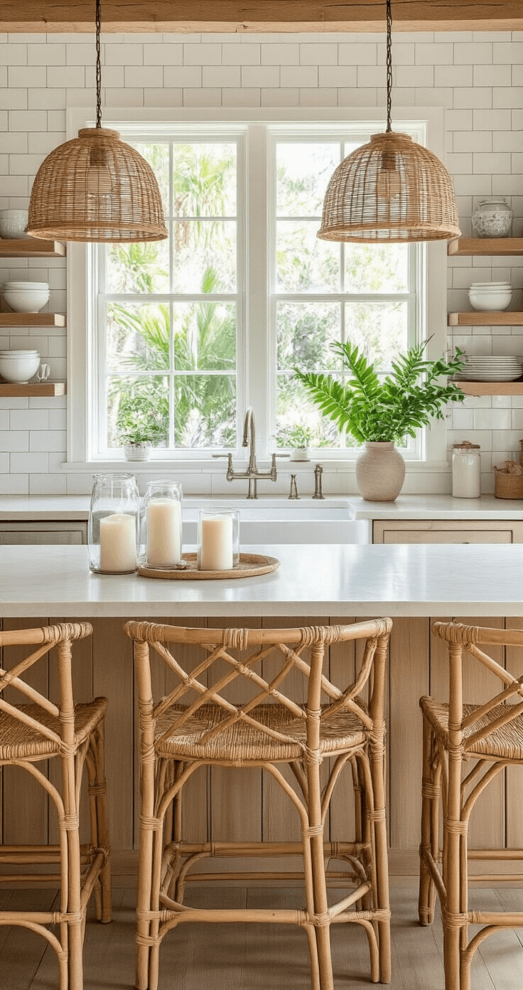 A bright coastal kitchen featuring white subway tile backsplash, sandy beige quartz countertops, and a garden window above the farmhouse sink. Bamboo bar stools line the island with a driftwood-inspired base, while woven pendant lights hang at varying heights. Glass hurricane lanterns with white candles and tropical greenery in ceramic planters decorate the space. Open shelving showcases coastal dishware, viewed from the dining area to highlight layered textures and organic decor arrangements.