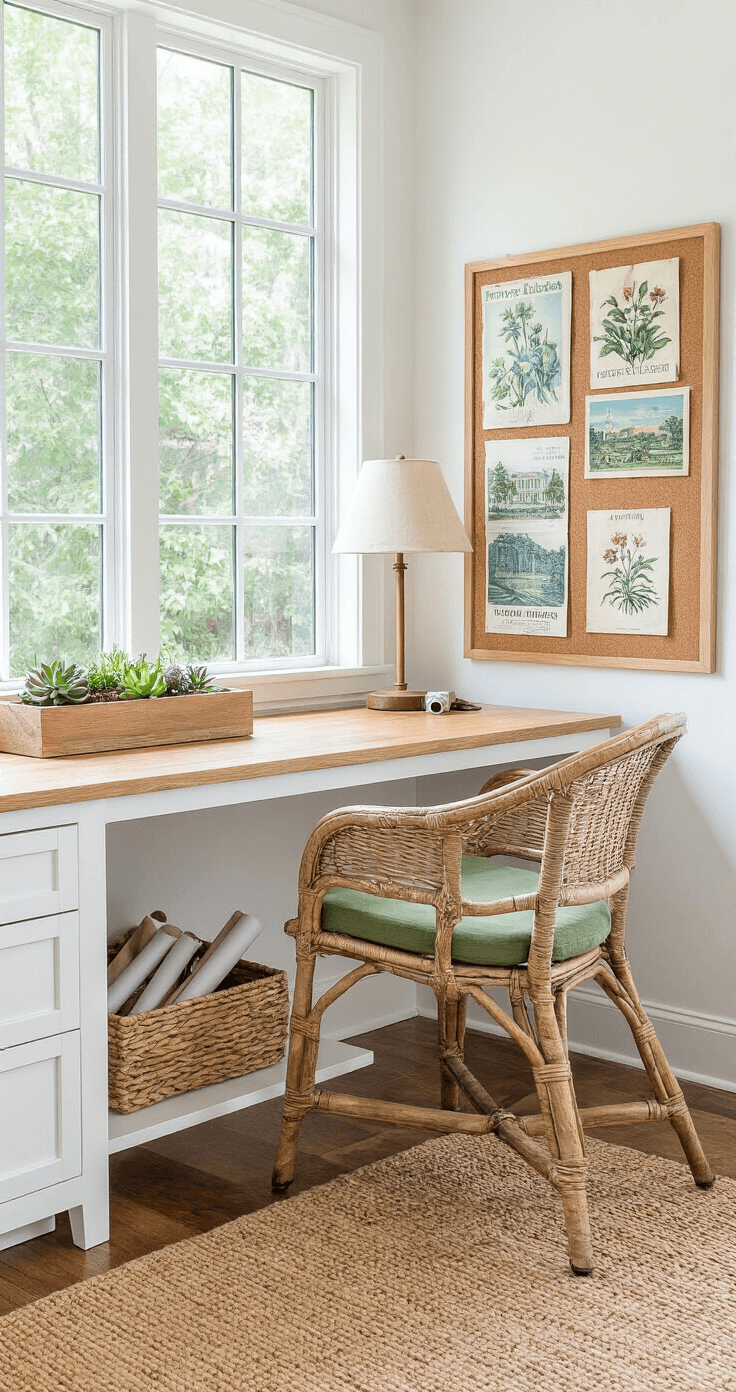A cozy home office corner featuring a white built-in desk with a natural wood top, a vintage rattan swivel chair with a sage green cushion, and a large window that floods the space with daylight. A cork board showcases vintage Florida postcards and botanical prints, while a woven basket holds rolled papers. A ceramic desk lamp with a linen shade illuminates a small succulent garden in a wooden planter box, all set on a jute rug that defines the workspace area, highlighting a perfect work-life balance and natural inspiration.