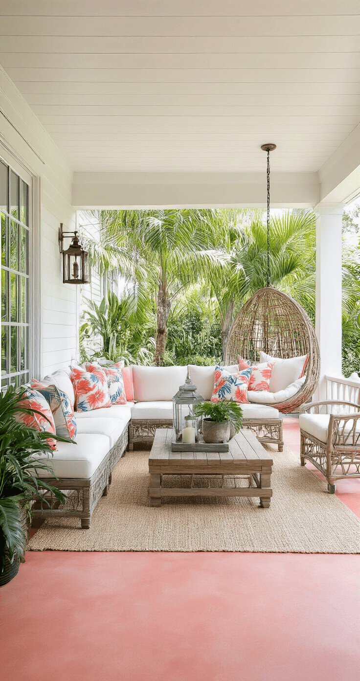 Covered patio living space featuring a large sectional with cream cushions, tropical print pillows, a driftwood coffee table, and a hanging rattan egg chair, all set against a white-painted wooden ceiling and coral-stained concrete floors, illuminated by soft afternoon shade.