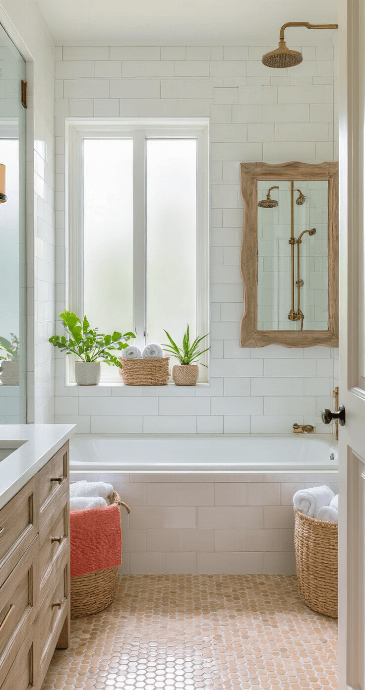 Master bathroom with white subway tile walls, beige penny tile floors, a freestanding white bathtub with vintage brass fixtures, a floating weathered wood vanity with white marble top, woven baskets for towels, a large driftwood-framed mirror, and a glass shower enclosure, all illuminated by natural light from a frosted window.