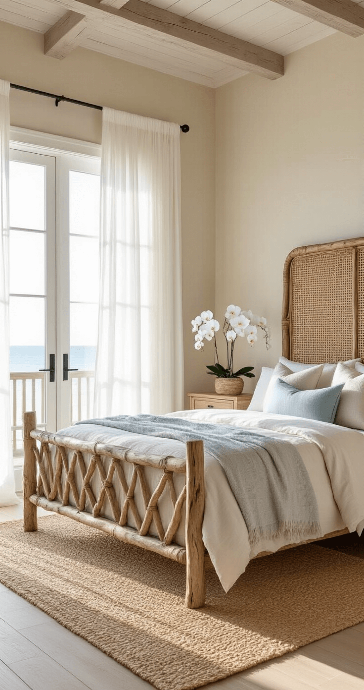 A serene Florida coastal bedroom featuring a weathered driftwood king bed with natural linen bedding, rattan headboard, and sandy beige walls, bathed in morning golden light streaming through sheer white curtains, with white orchids on reclaimed wood nightstands and soft ocean blue accent pillows, captured from a 45-degree angle.