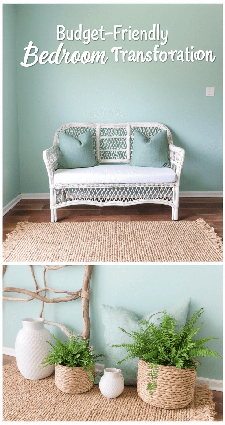 Before-and-after image showcasing a budget-friendly Florida bedroom transformation with a pale aqua accent wall, white-painted thrifted rattan chair, DIY driftwood headboard, seafoam green throw pillows, natural jute rug, simple white ceramic accessories, and fresh greenery in woven planters, emphasizing a cheerful and optimistic mood.