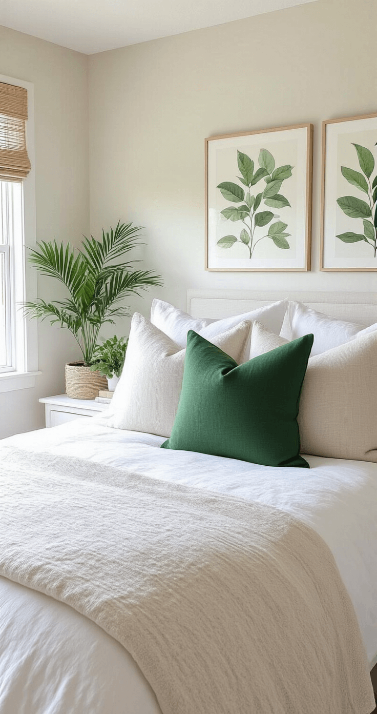 A bright and airy coastal bedroom decorated for spring, featuring neutral base elements, leafy green accents, botanical prints, an emerald throw pillow on linen bedding, a small potted palm, light bamboo window shades, and clean white furniture, all showcased in a vibrant overhead styling shot.