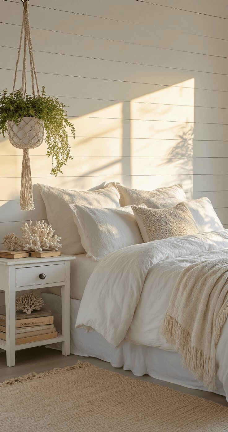 A beautifully styled coastal bedroom bathed in golden hour light, featuring a perfectly made bed with layered pillows, a curated nightstand with coral and vintage books, a macrame plant holder, and a whitewashed shiplap wall, all captured in a professional composition that evokes a dreamy vacation vibe.