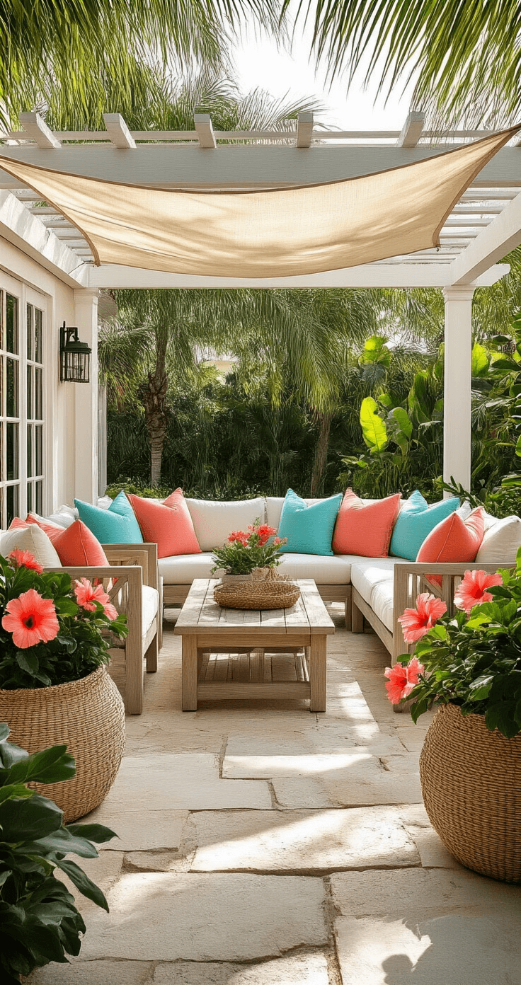 Coastal chic patio featuring weathered teak furniture in sandy beige, accented with coral and turquoise pillows, under a whitewashed pergola with a shade sail, surrounded by seagrass planters with hibiscus blooms and a natural stone pathway, illuminated by soft sunlight filtering through palm fronds.