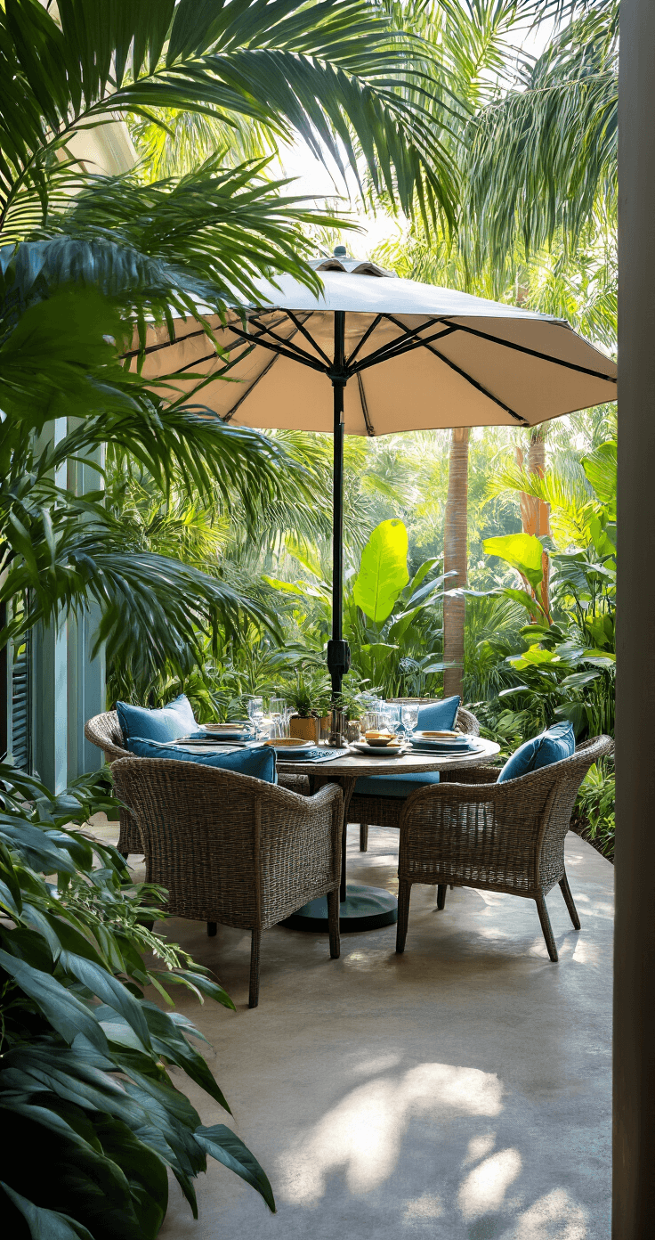 A serene Florida patio in the morning featuring a large cantilever umbrella over a weather-resistant wicker dining set, surrounded by strategically placed palms creating a natural canopy, with a cool blue and green color palette, textured concrete flooring, and gentle morning light filtering through tropical foliage, viewed from dining table height.