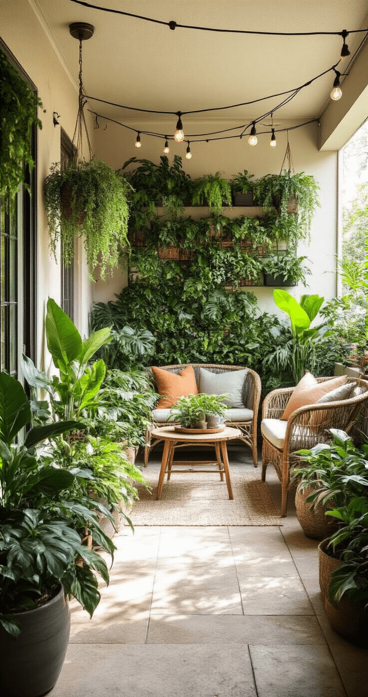 A cozy patio garden at dawn featuring mixed-size planters with propagated tropical plants, repurposed furniture pieces, and overhead string lights, all bathed in soft morning light and shadows, showcasing creative vertical plant displays and natural textures, viewed from the entrance perspective.