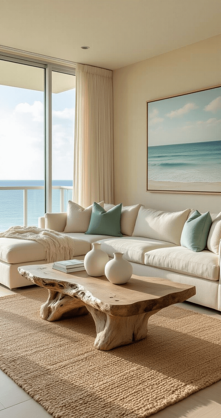 A bright, airy Florida condo living room featuring a cream sectional sofa, live-edge driftwood coffee table, and seafoam green accent pillows, with morning light filtering through floor-to-ceiling windows and panoramic ocean artwork above.