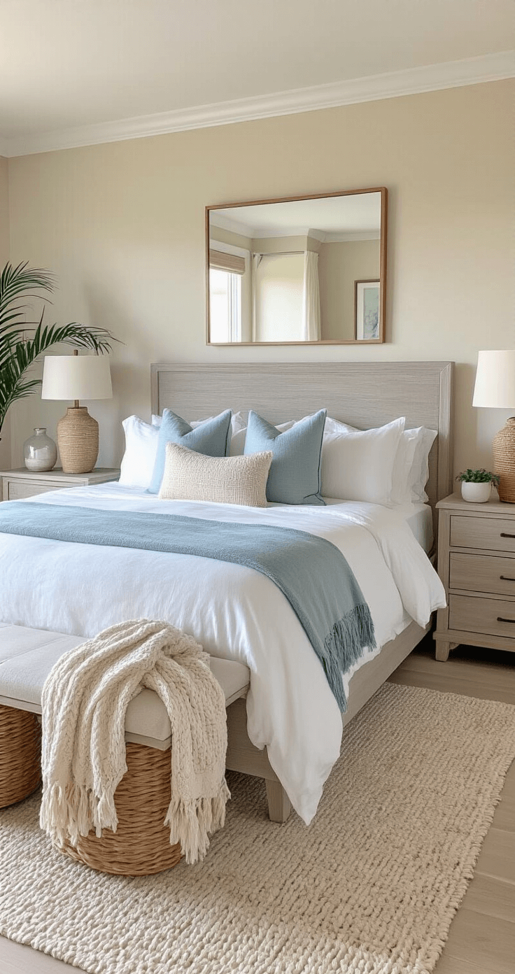 A serene coastal bedroom featuring a king bed with white linen bedding, driftwood gray headboard, and sandy neutral walls, illuminated by golden hour light. Ocean blue accents and rattan bedside baskets complement the decor, while a large mirror reflects natural light. A potted palm sits in the corner, and glass vessels adorn the dresser, evoking a tranquil sanctuary.