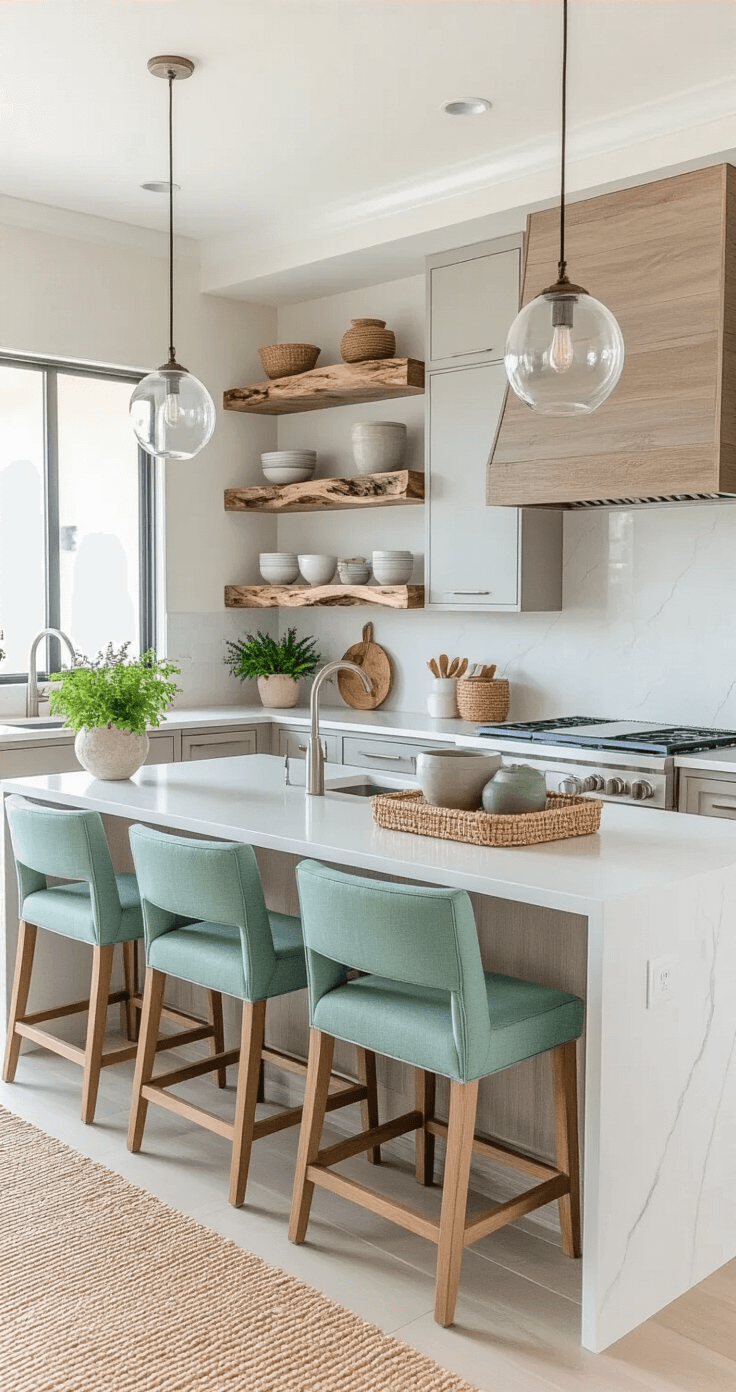 Elegant coastal kitchen in a Florida condo featuring white quartz countertops, driftwood gray cabinets, seafoam green bar stools, and live-edge wood shelves. Brightly lit with glass pendant lights, adorned with ceramic bowls, jute placemats, stainless steel appliances, and potted herbs on the windowsill, viewed from the living room.