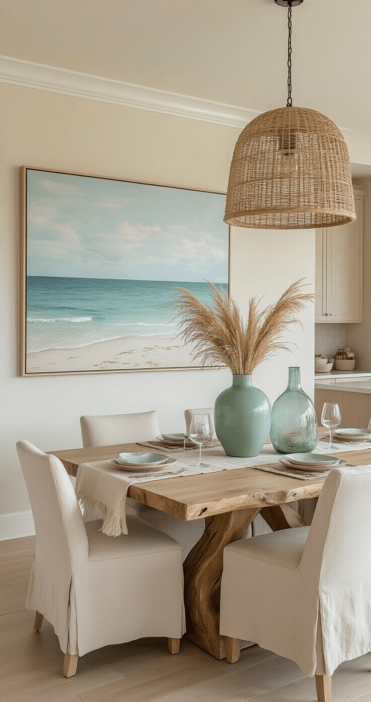Sophisticated dining area in a Florida condo featuring a light wood table with live edges, cream upholstered chairs, coastal artwork on the wall, sandy neutral paint, seafoam green centerpiece, linen table runner, rattan pendant, glass vessels with dried grasses, and a bouclé throw on an accent chair, captured from a kitchen perspective.