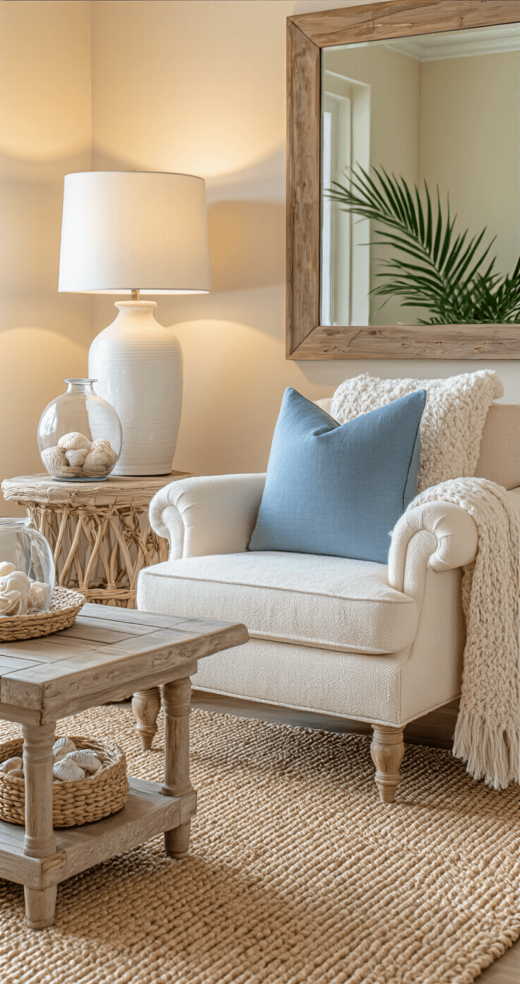 Cozy reading nook in a Florida condo featuring a cream bouclé accent chair, driftwood side table, sandy walls, ocean blue throw pillow, jute rug, large mirror, ceramic lamp, rattan storage basket, glass vessel with seashells, potted palm, and a chunky knit throw.