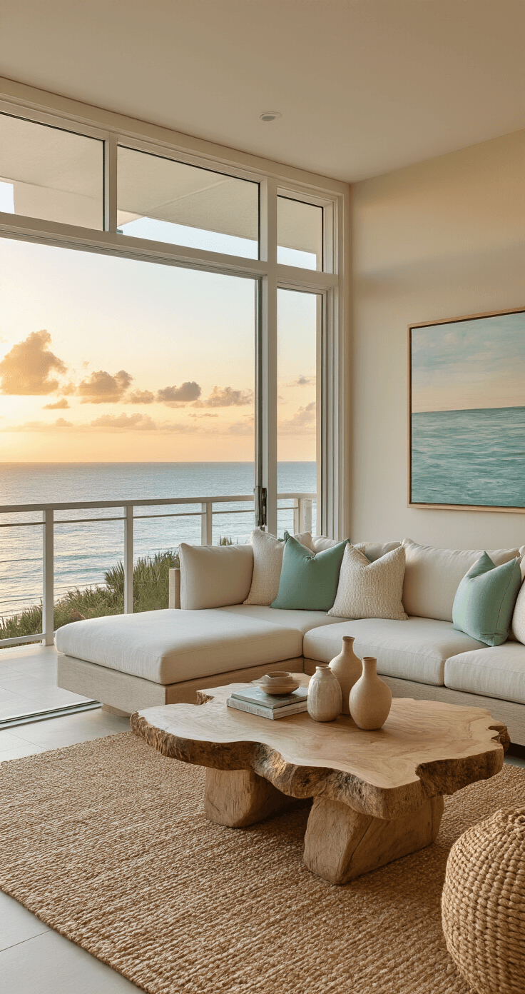 A stylish Florida condo balcony interior featuring floor-to-ceiling windows with sunset lighting, a light sectional sofa, live-edge coffee table, seafoam green and cream pillows, sandy neutral walls, panoramic artwork, jute rug, ceramic vases, rattan accents, and open glass doors inviting a coastal breeze.