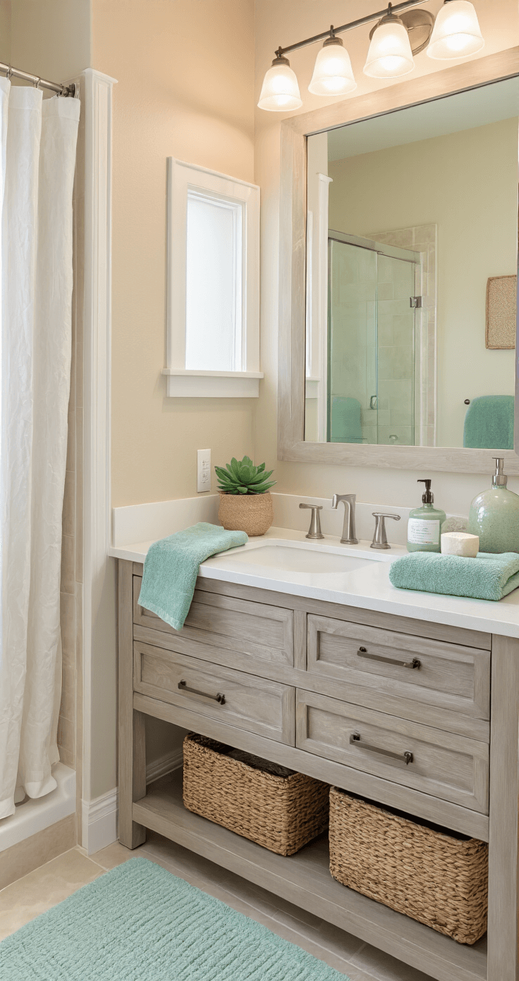 A serene Florida condo bathroom featuring soft natural light from frosted windows, a white quartz vanity with a driftwood gray base, a large mirror, sandy beige walls, seafoam green towels, ceramic soap dispensers, rattan storage baskets, and glass vessels with coastal elements, complemented by a linen shower curtain, a potted succulent, a chunky bath mat, all captured from a doorway perspective, evoking a spa-like coastal sanctuary atmosphere.