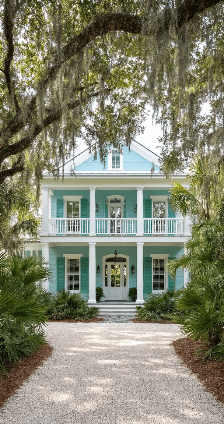 Stunning coastal blue Florida home with seafoam green shutters and a wraparound porch, framed by morning light and Spanish moss, featuring a tabby shell driveway and native saw palmetto plants, showcasing Key West architectural style.