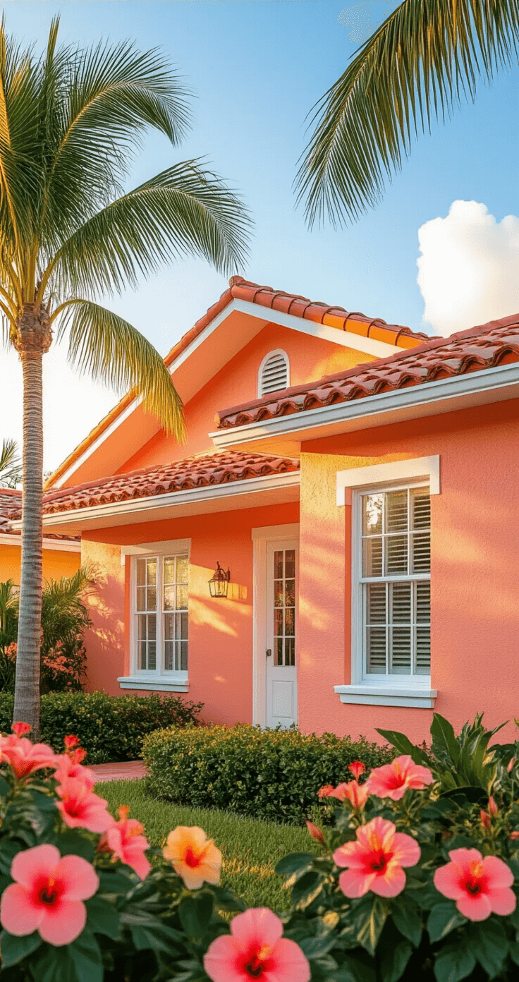 Charming coral-painted Florida bungalow with peach sunset tones, white trim, terracotta roof tiles, and hibiscus flowers in the foreground, illuminated by golden afternoon light against an azure sky.