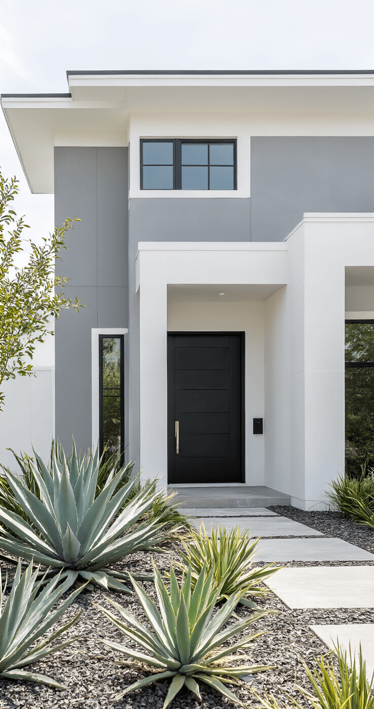 Modern Florida home with Agreeable Gray exterior, white trim, black front door, and geometric landscaping featuring agave plants, captured in bright daylight from a slight low angle to emphasize its architectural presence and curb appeal.