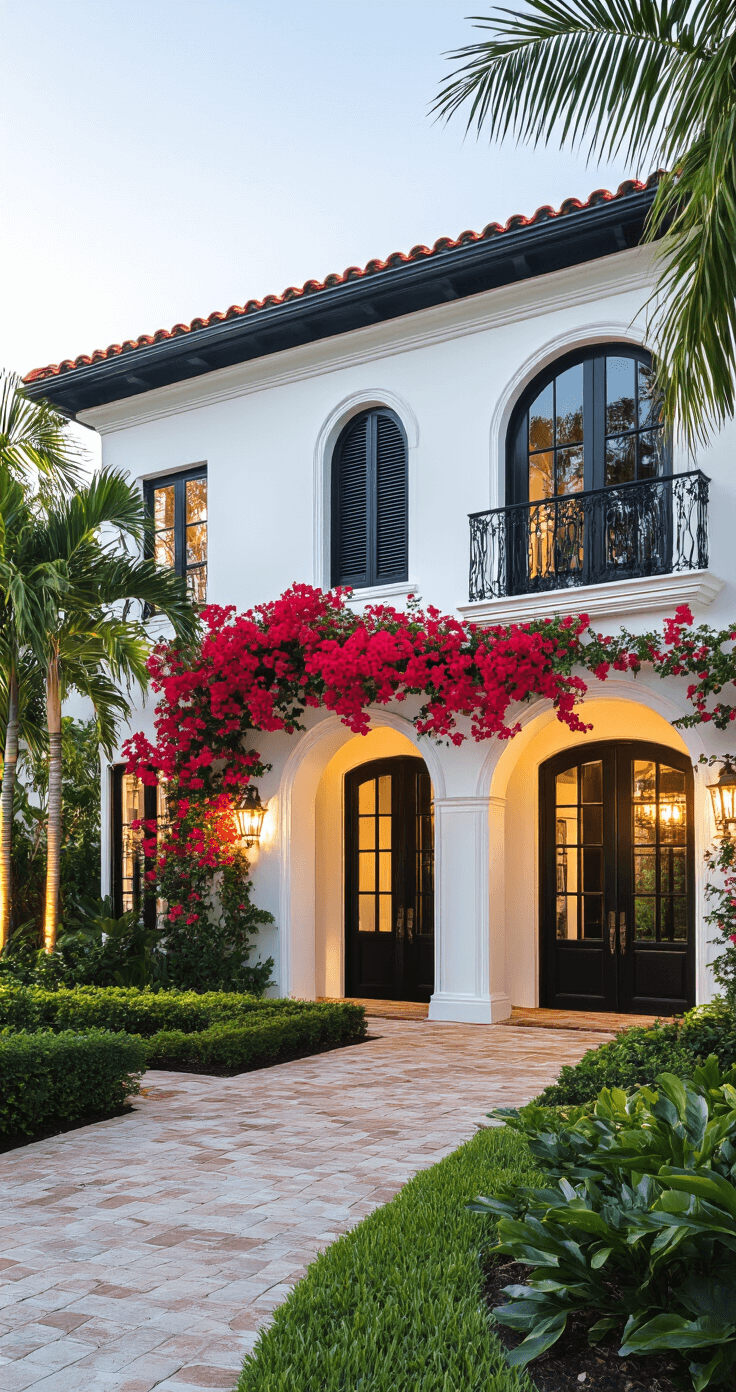 Classic black and white Florida home with high contrast trim and a red tile roof, adorned with bougainvillea, captured in dramatic late afternoon light that emphasizes strong shadows against a lush tropical backdrop.