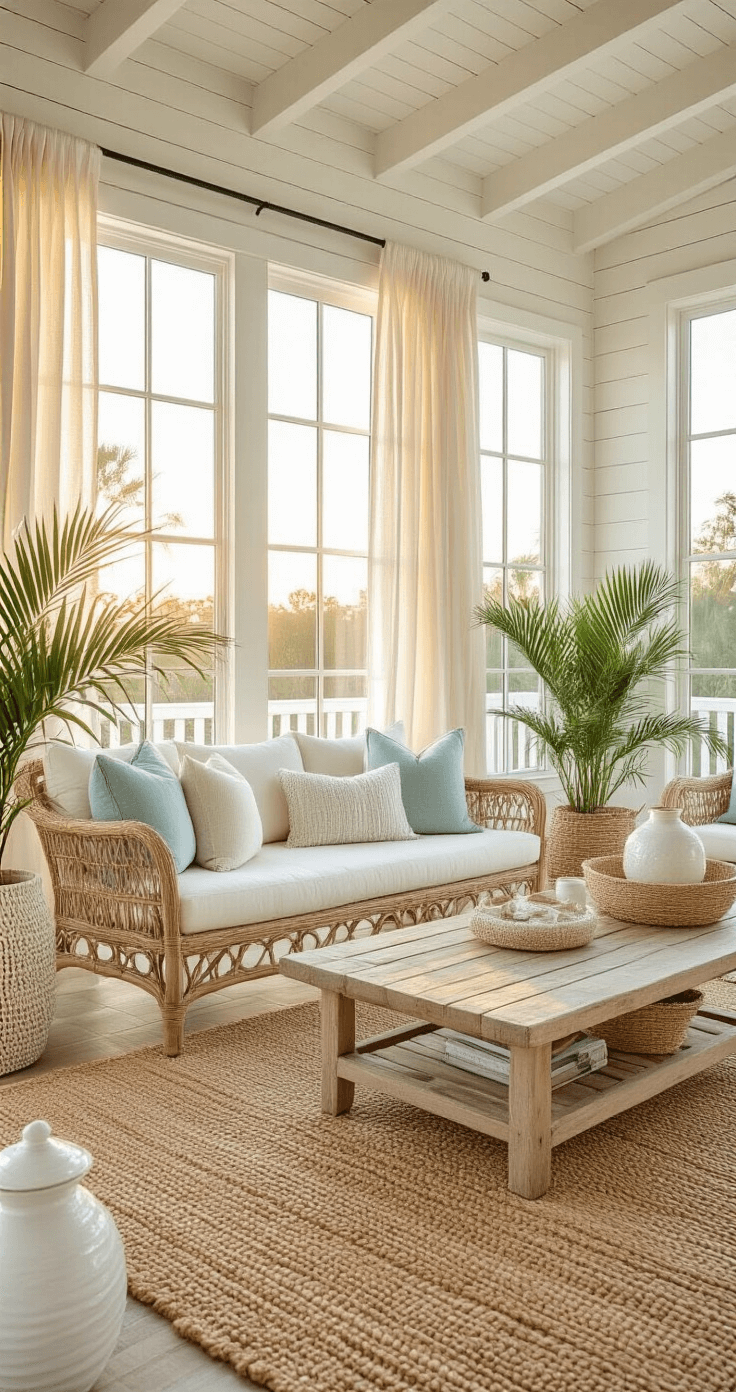 Photorealistic interior of a spacious Florida room with floor-to-ceiling windows, showcasing a natural rattan lounge chair, whitewashed wood coffee table, and coastal decor, illuminated by morning light.