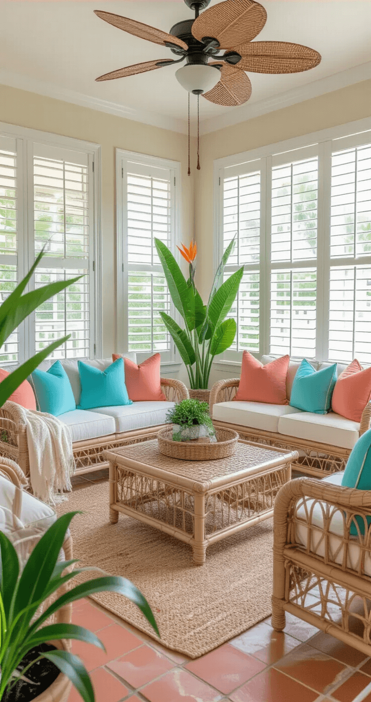 A spacious Florida room with plantation shutters allowing soft afternoon light, featuring terra cotta tile flooring, whitewashed bamboo furniture, and a neutral linen sofa adorned with coral accents and turquoise pillows, accented by tropical plants and ceiling fan, styled for relaxed coastal living.