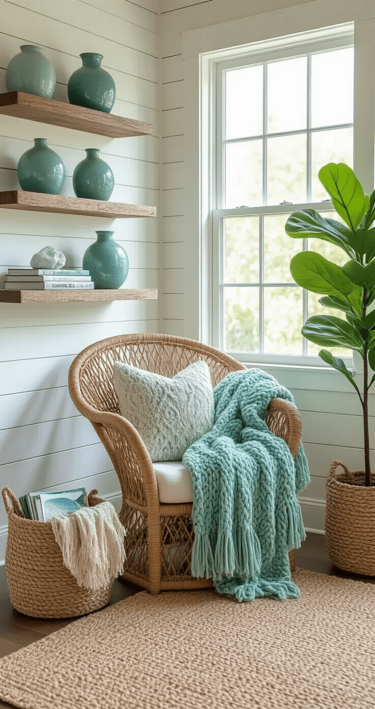 Cozy Florida room vignette at sunrise featuring an oversized rattan peacock chair, a chunky seafoam green knit throw, weathered wood floating shelves with ceramic vases and sea glass, a jute rope basket with rolled magazines, textured white shiplap walls, a sisal area rug, and a potted fiddle leaf fig, all captured from an eye-level angle to evoke a serene morning mood.