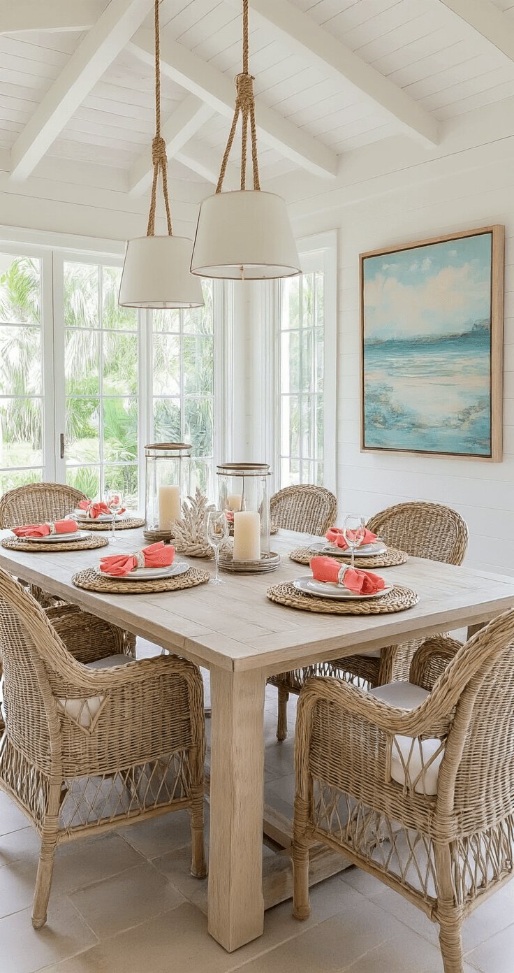 Spacious Florida room dining area with vaulted ceiling, whitewashed teak dining table for six, wicker parsons chairs, hurricane lantern centerpiece, coastal landscape artwork, and pendant lights, bathed in natural late morning light.