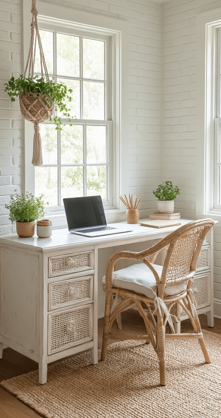 A cozy Florida room workspace featuring a vintage rattan desk and a linen chair, bathed in soft morning light, with woven desk accessories, potted herbs on the windowsill, a textured white brick wall, and a jute rug, creating a peaceful work-from-home environment.