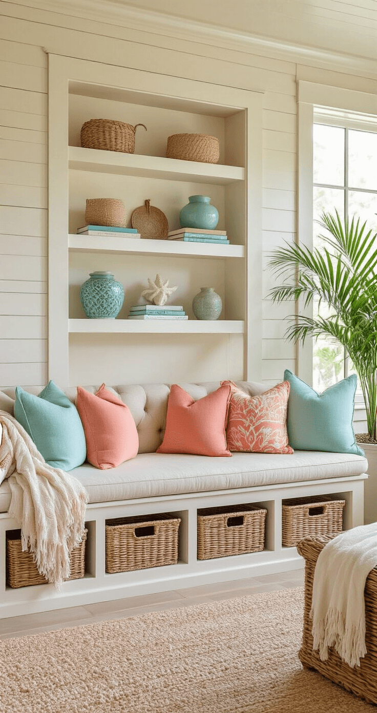 A cozy Florida room featuring a built-in window seat with sandy beige tufted cushions and vibrant coral and seafoam pillows, surrounded by whitewashed wood paneling and floating shelves adorned with coastal books and ceramic vessels, complemented by potted palms and wicker storage baskets, all bathed in a warm afternoon glow.