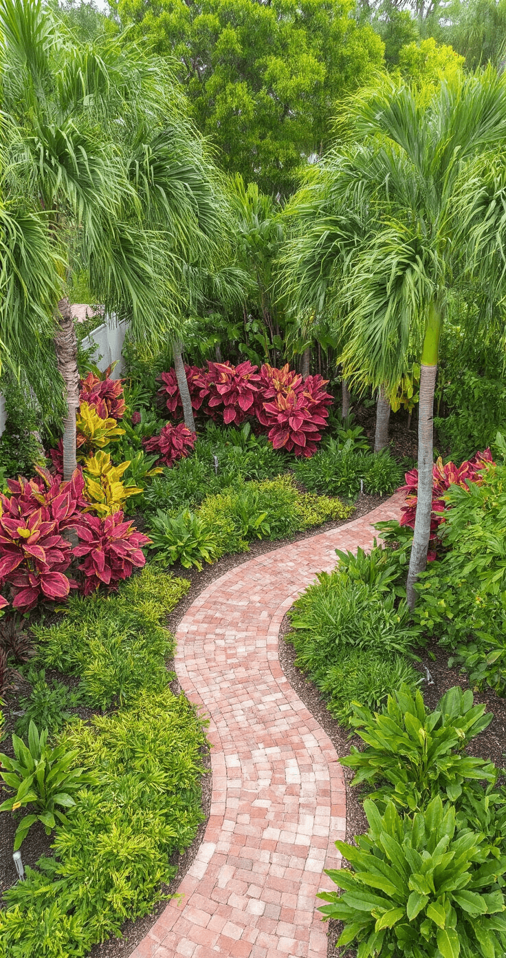Overhead view of a Florida backyard transformation featuring tall sabal palms, mid-height croton shrubs in vibrant colors, and groundcover filling gaps, with a curved walkway of decorative coral rocks and a smart irrigation system, all bathed in morning light.
