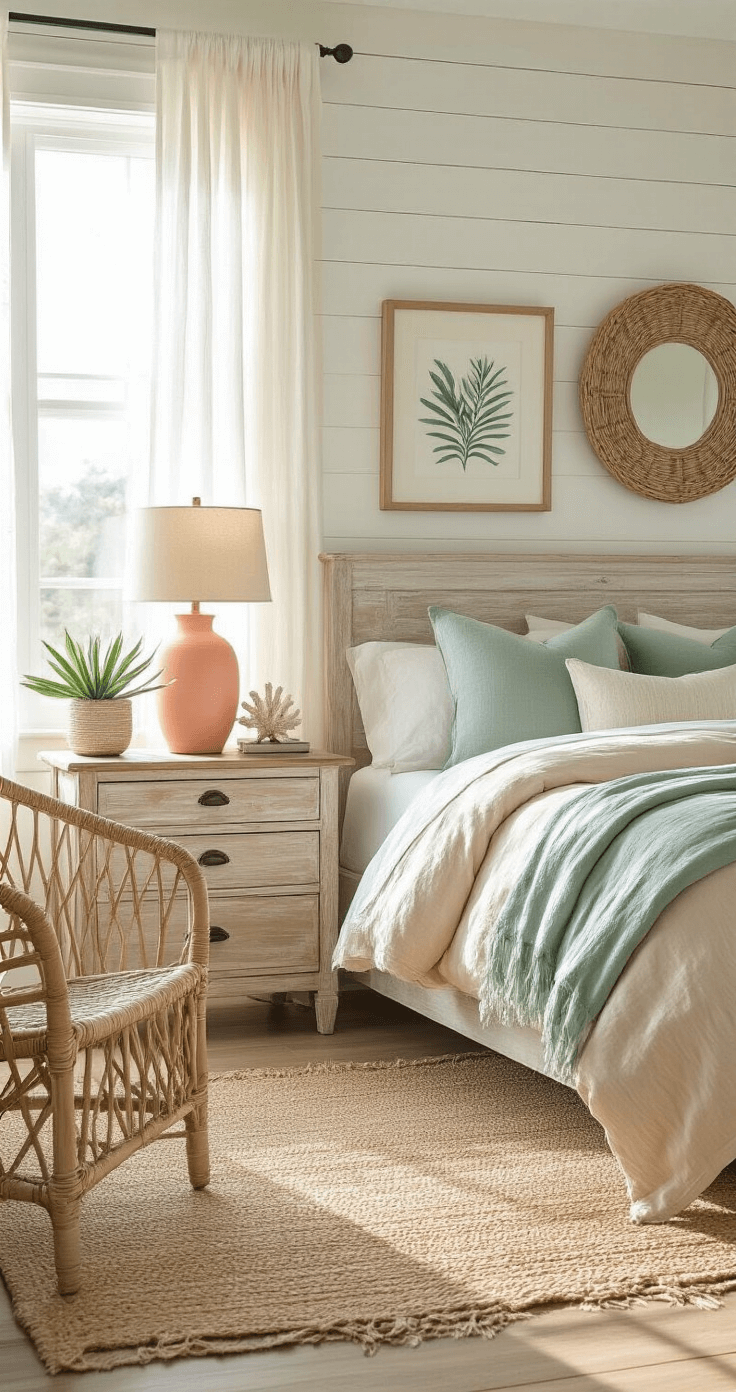 Coastal bedroom retreat with a king bed dressed in beige and seafoam linen, weathered wood nightstands, and a rattan chair, bathed in soft morning light, featuring botanical prints on shiplap walls and a natural jute rug.