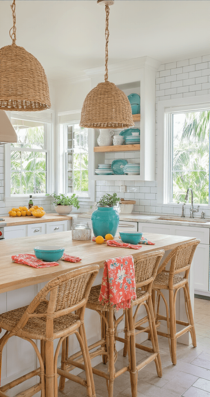 Bright Florida kitchen featuring white shaker cabinets, butcher block countertops, and a subway tile backsplash, adorned with natural rattan bar stools and woven rope pendant lights. Turquoise ceramic bowls, coral dish towels, and yellow citrus accents complement the space. Large windows frame a tropical landscape, while open shelving showcases coastal dinnerware, all bathed in warm midday sunlight in a galley-style 10x16ft layout from the dining area entrance.