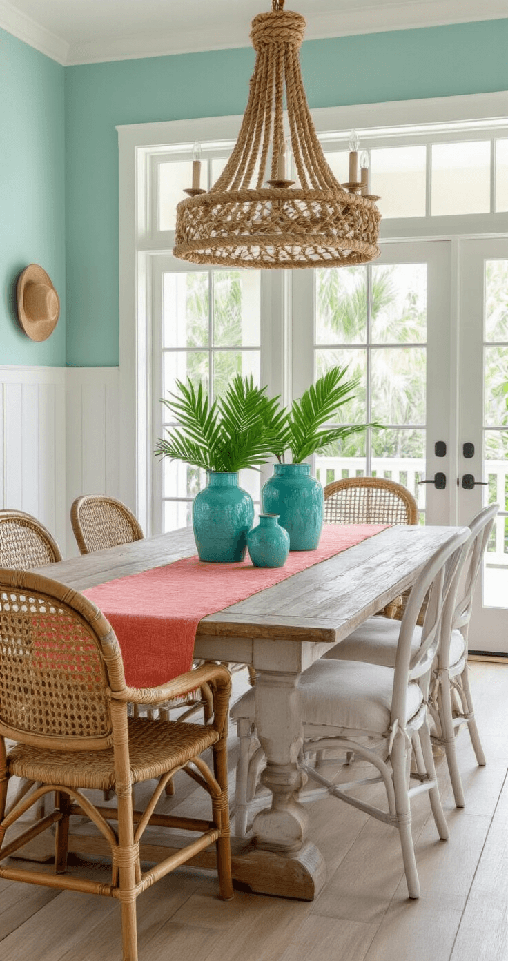A cozy coastal dining room featuring a weathered wood farmhouse table surrounded by mismatched chairs, adorned with a coral runner and turquoise ceramic vases filled with tropical greenery, set against white beadboard wainscoting and seafoam green walls, illuminated by golden hour lighting and an overhead chandelier with natural rope details, with French doors leading to a lanai.