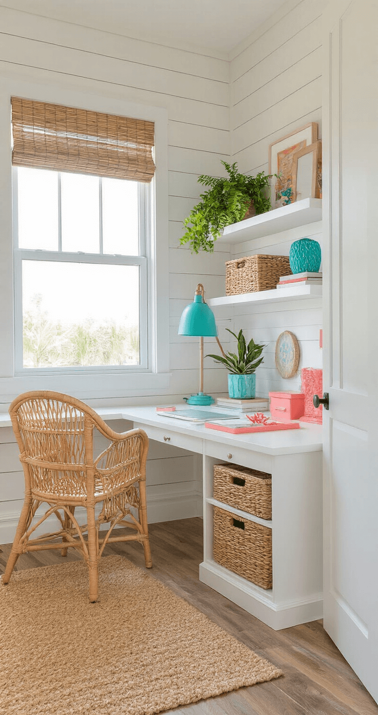 A cozy Florida-inspired home office featuring a white built-in desk against a shiplap wall, adorned with coral desk accessories and a natural rattan chair. Floating shelves showcase a collection of tropical plants, while a large window with bamboo blinds allows soft afternoon light to filter in. The space is decorated with sandy beige walls, a turquoise accent lamp, and woven storage baskets, all set on hardwood floors with a natural fiber rug, captured from the doorway in a bright and organized 8x10ft nook.