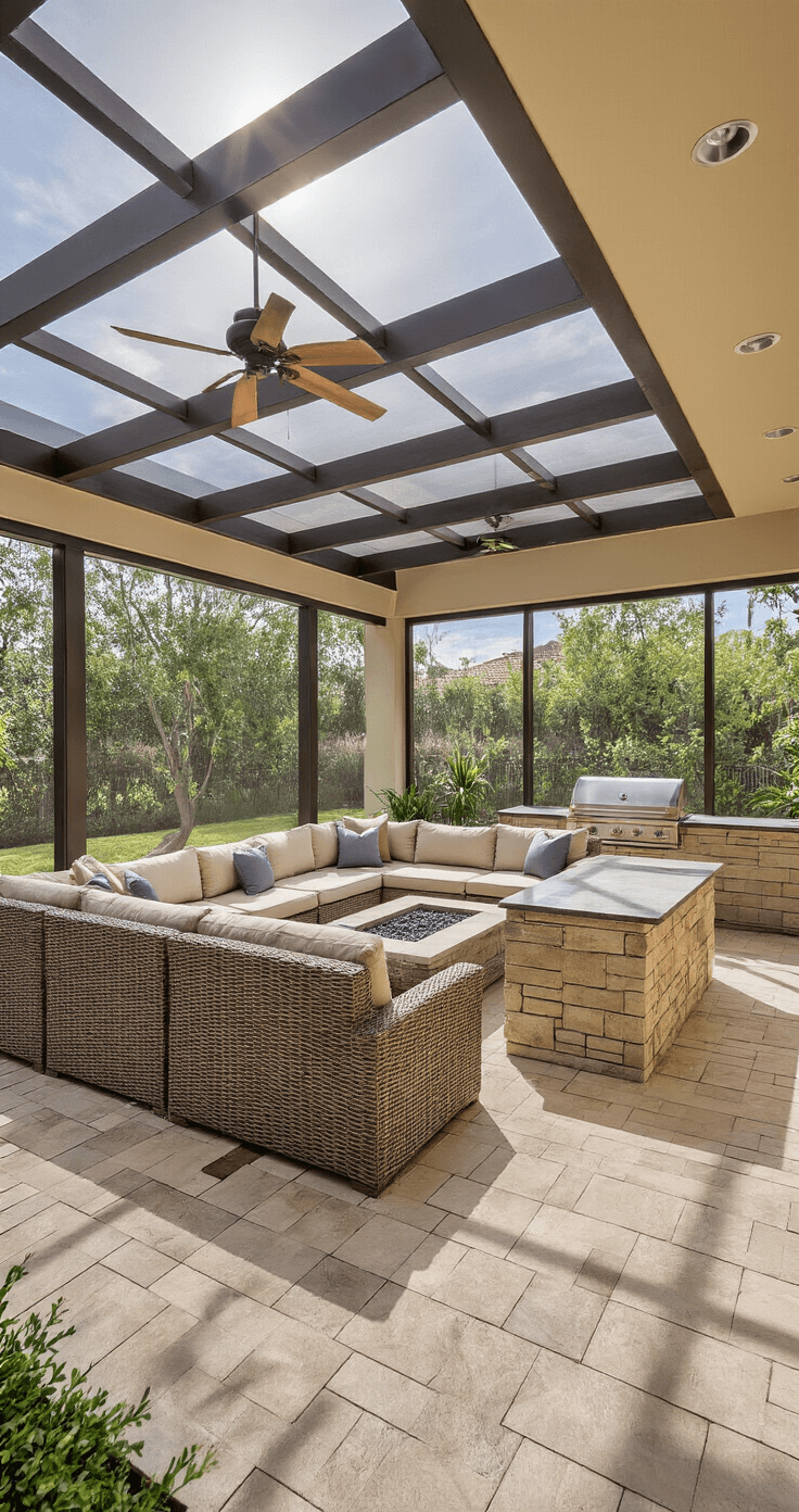 A luxurious 16x20ft screened patio featuring a modular teak sectional and built-in outdoor kitchen island, adorned with premium weather-resistant fabrics and stone tile flooring, all under bright midday light and complemented by commercial ceiling fans, creating a sophisticated entertainment atmosphere in neutral earth tones.