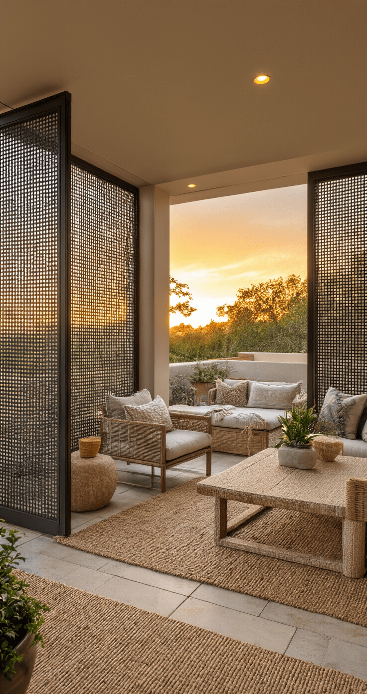 A spacious screened patio featuring layered textures and a warm color palette during sunset. The design includes 12x18ft architectural screens, mixed material furniture, woven jute rugs over tile, varied cushion textures, and strategically placed ambient lighting. Functional zones for dining and lounging create a sophisticated entertainment atmosphere.