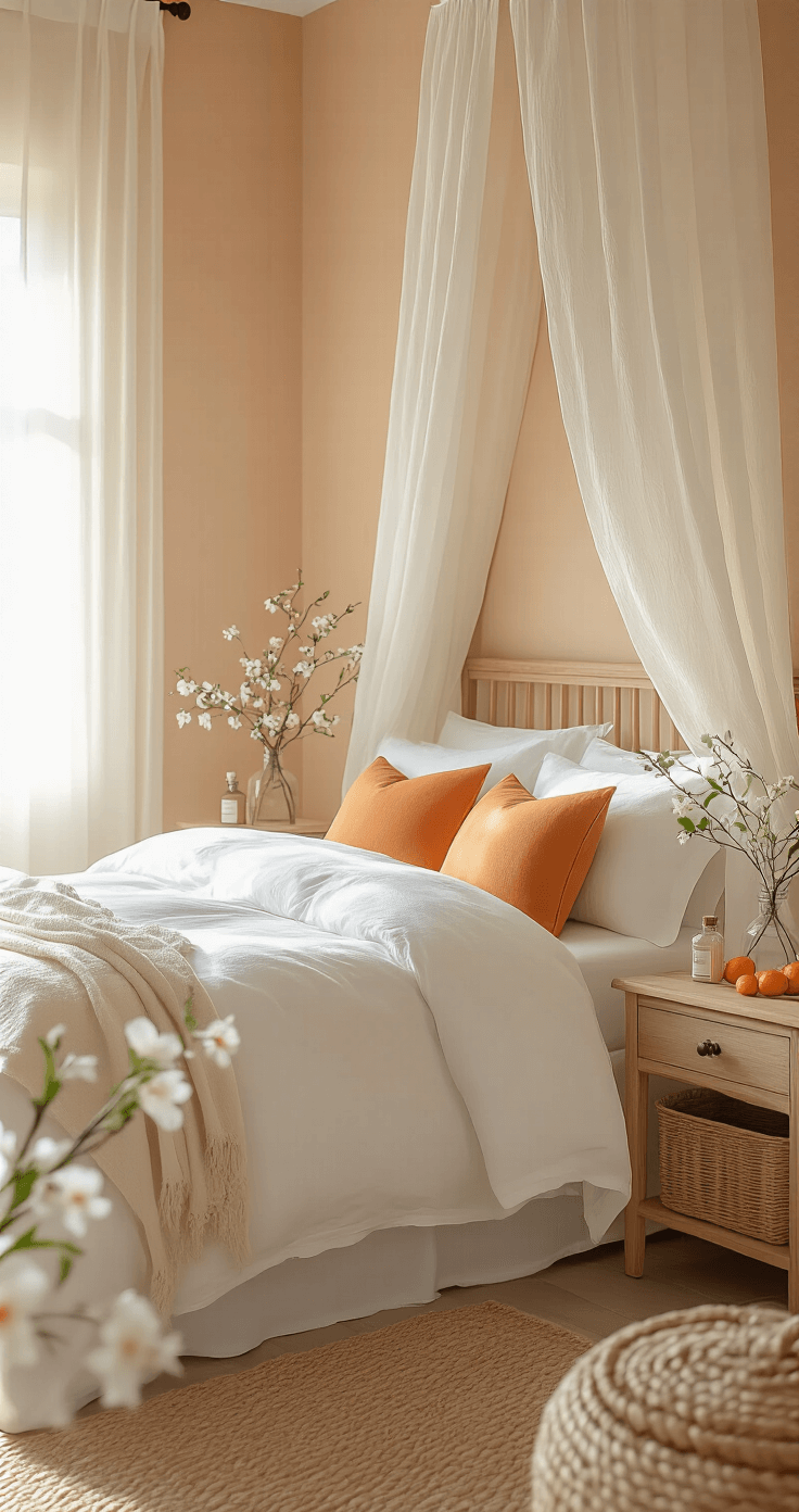 Elegant bedroom sanctuary with orange blossom motifs, featuring a king bed adorned with crisp white linens and subtle orange accent pillows, bathed in soft morning light filtering through sheer panels, pale peach walls, natural oak furniture, and decorative details like small bud vases with orange blossoms and dried citrus garlands.
