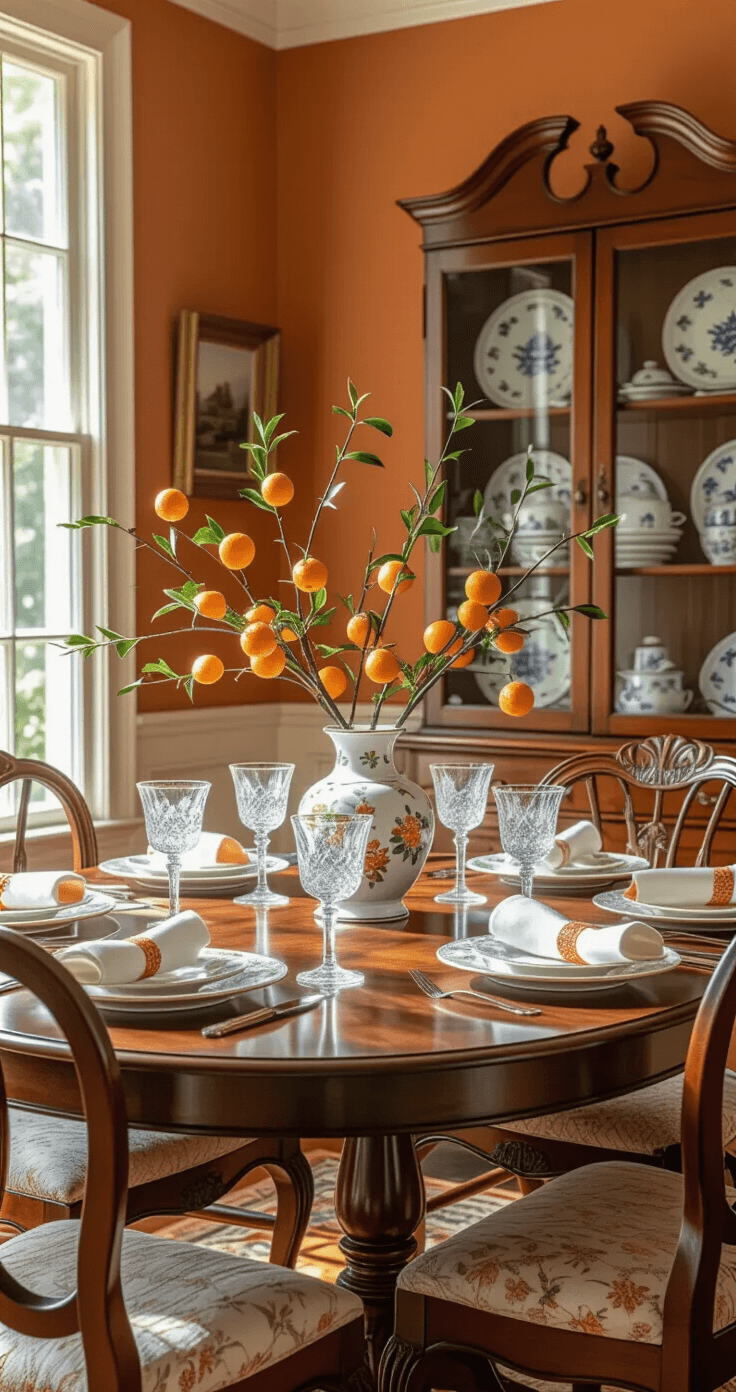 A sophisticated dining room showcasing Florida's heritage, featuring a mahogany table set for six with white china adorned in an orange blossom pattern, soft citrus-hued linen napkins, crystal glasses, and a fresh orange branch centerpiece. The setting has warm terracotta walls and vintage Florida pottery displayed in a built-in hutch, complemented by traditional wooden chairs with upholstered seats, all illuminated by afternoon sunlight.