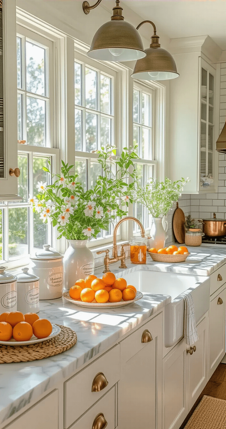 A charming kitchen showcasing Florida's agricultural heritage, filled with natural light; featuring white shaker cabinets, a marble island adorned with fresh oranges and blossoms, vintage canisters, copper pots, a subway tile backsplash, butcher block counters, hanging herbs, and jars of orange blossom honey, all set against woven placemats.