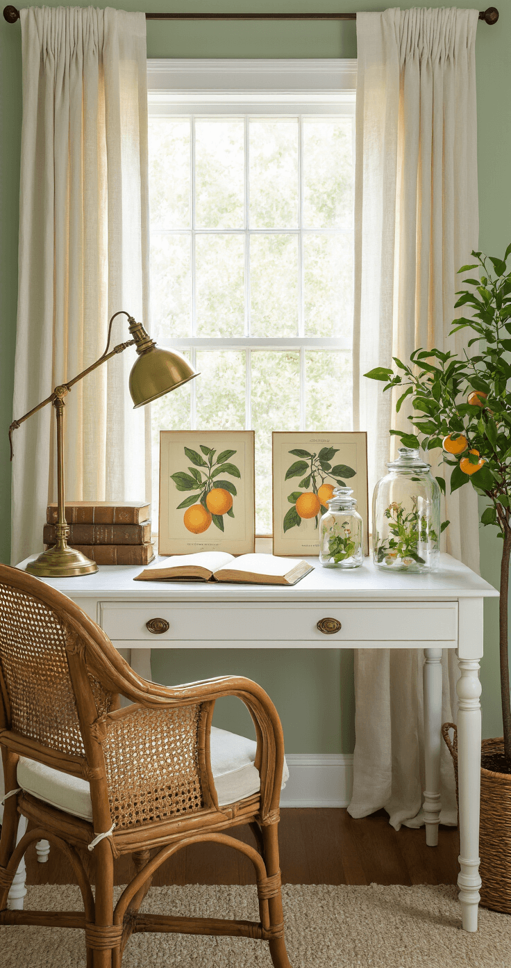 Cozy home office featuring a white writing desk with a vintage brass lamp, adorned with antique botanical prints of citrus varieties. The space is illuminated by morning light from an east window, highlighting leather-bound books and glass specimen jars containing preserved orange blossoms. Natural linen curtains frame sage green walls, while a wicker chair with a cream cushion complements the setting, alongside a potted orange tree in the corner, all contributing to a scholarly and peaceful ambiance.