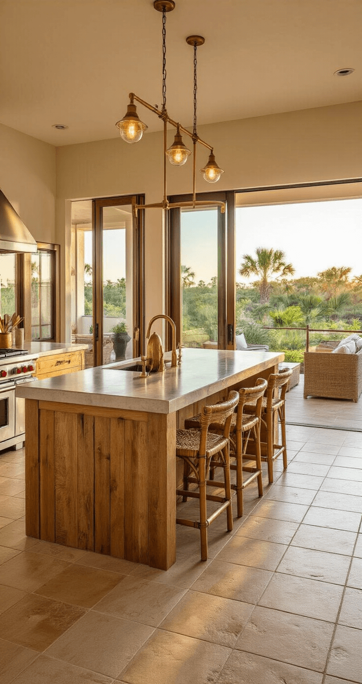 A beautifully designed open-concept Florida kitchen with natural wood elements, bamboo accessories, and ceramic tile floors, highlighted by a large kitchen island with brass fixtures. The scene captures a seamless indoor-outdoor transition through sliding glass doors, illuminated by golden hour lighting, showcasing the warm coastal ambiance from a living room perspective.