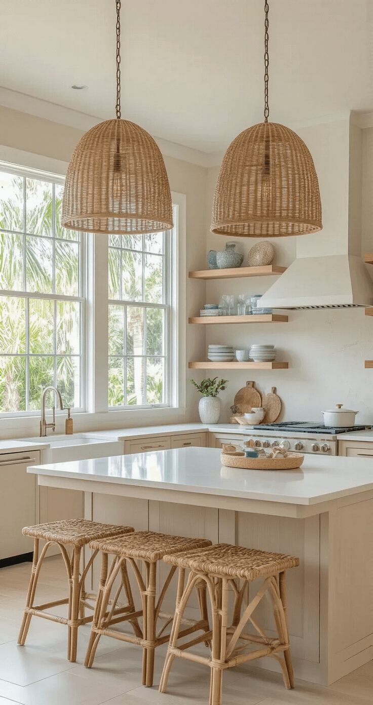 Bright Florida kitchen featuring rattan pendant lighting, quartz countertops, and coastal accessories on open shelving, with a color palette of beige, soft blues, and coral accents, all under natural light from large windows.