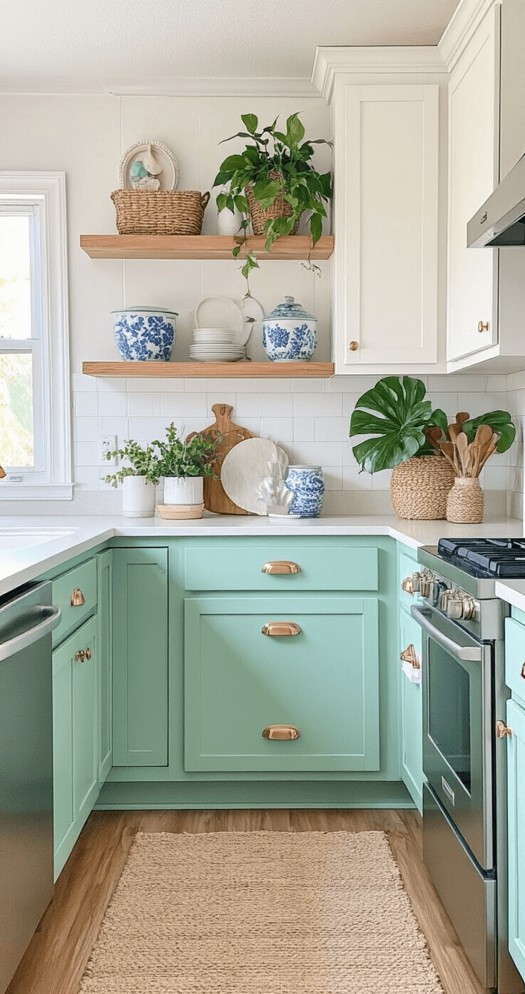 A budget-friendly Florida kitchen transformation with seafoam green lower cabinets, white upper cabinets, brass hardware, and DIY open shelving displaying coastal accessories, full of natural light and tropical plants, creating a bright and refreshed atmosphere.