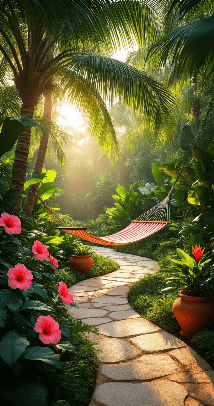 Photorealistic tropical backyard garden at golden hour, featuring lush palm fronds, coral pink hibiscus blooms, a curved sandstone pathway, a hammock between coconut palms, and warm sunlight filtering through the canopy, creating a resort-like atmosphere with rich textures.